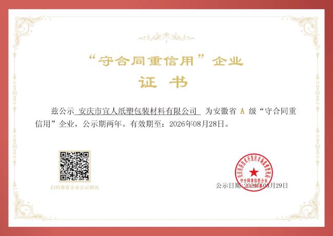 “守合同重信用”企业证书